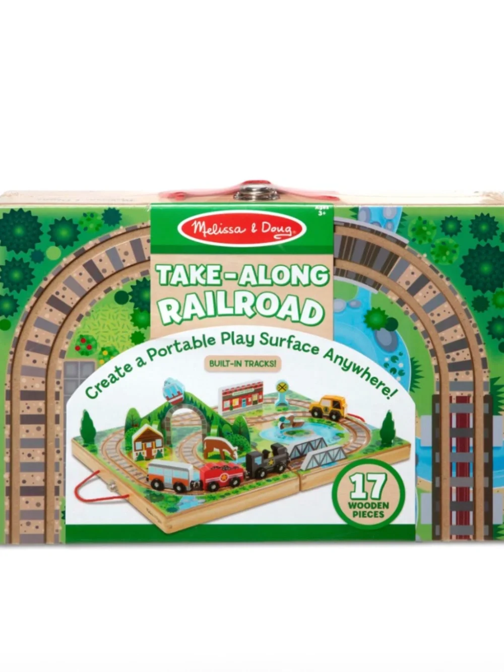 Melissa & Doug 17-Piece Wooden Take-Along Tabletop Railroad and Trains, for Kids